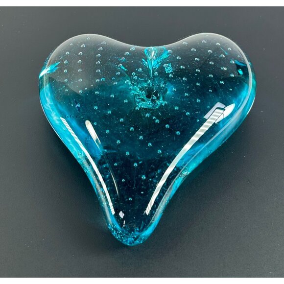 Art Glass Hand Blown Heart PaperweightTurquoise Blue w/ Controlled Bubbles